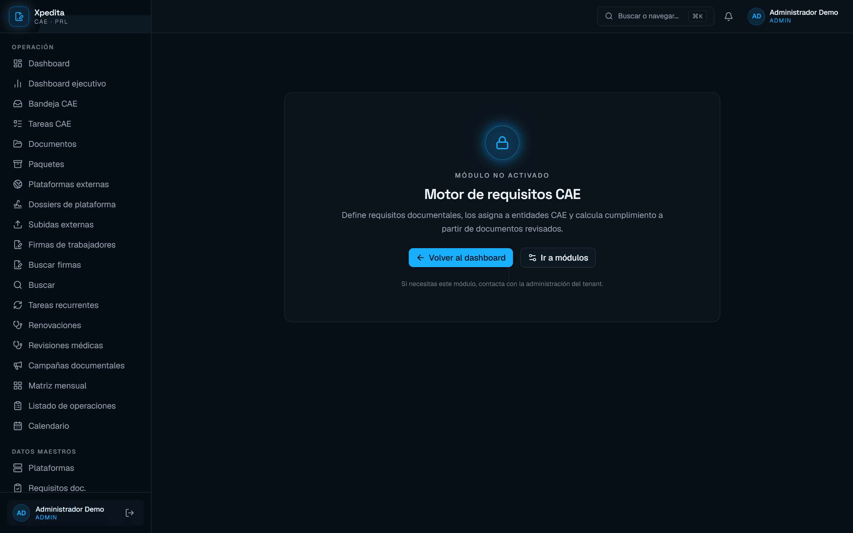 Pantalla de cumplimiento CAE de Xpedita con el porcentaje documental por contrata