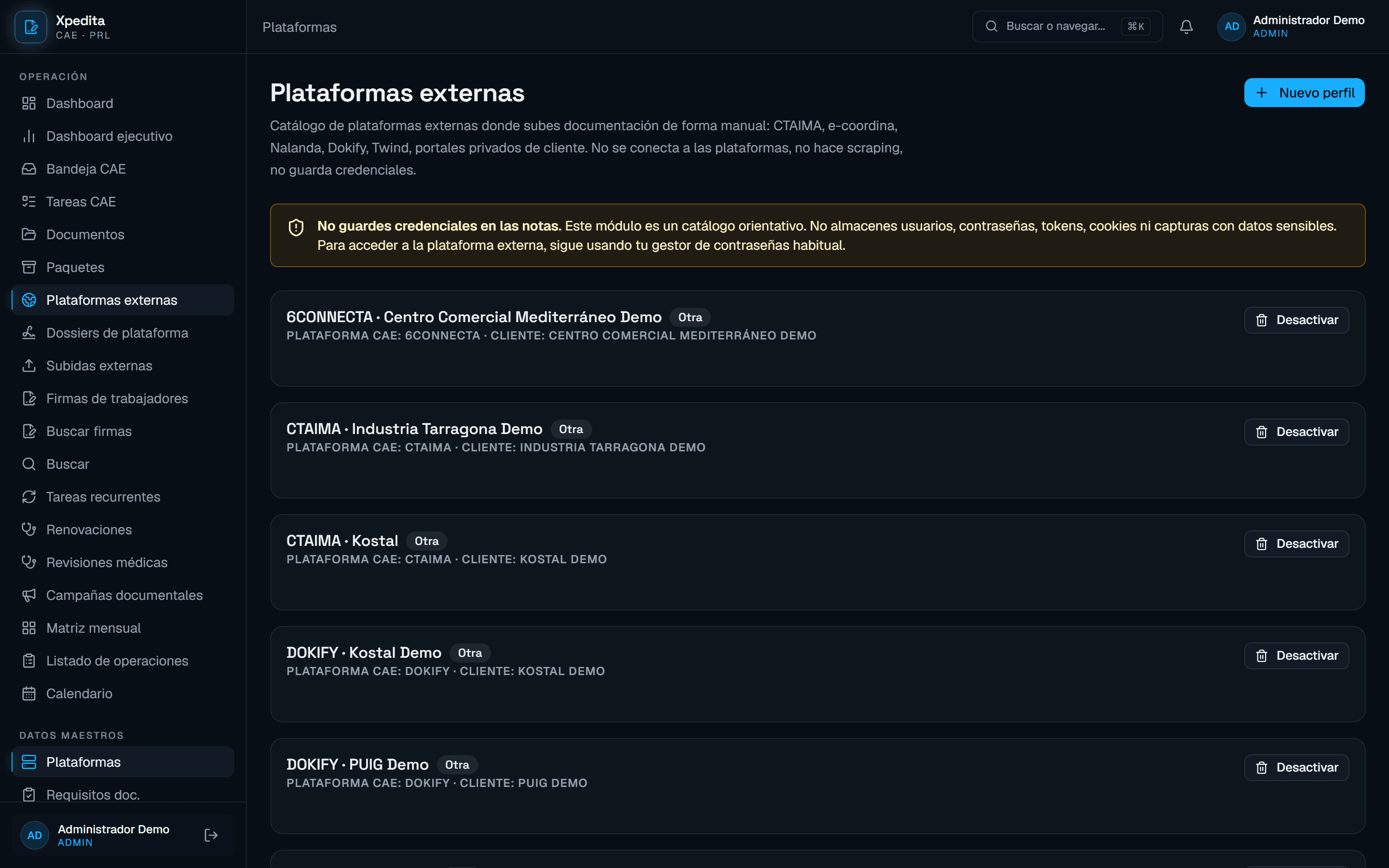Catálogo de plataformas externas en Xpedita con reglas y checklist de subida