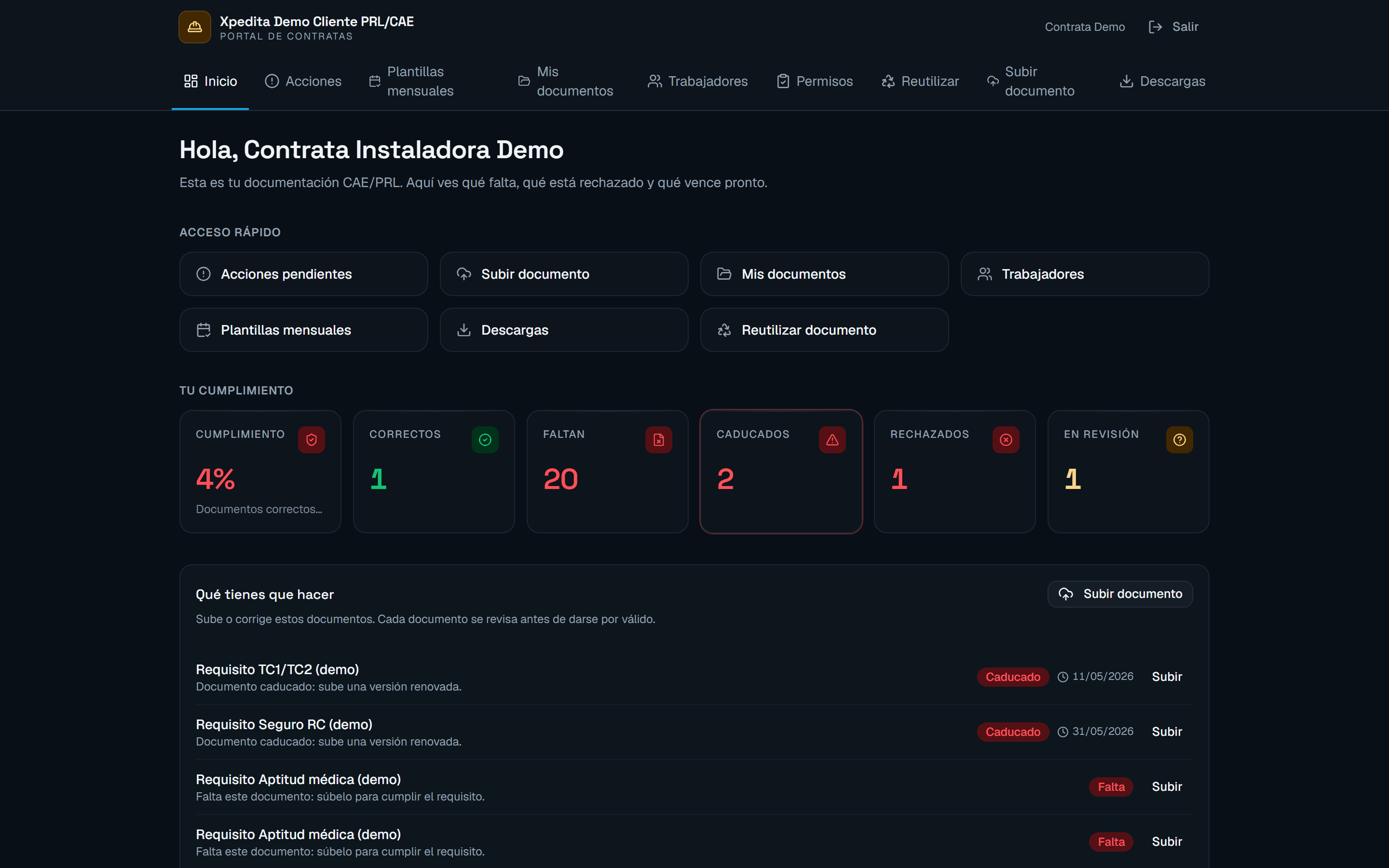 Portal de contratas de Xpedita con el cumplimiento y los documentos pendientes